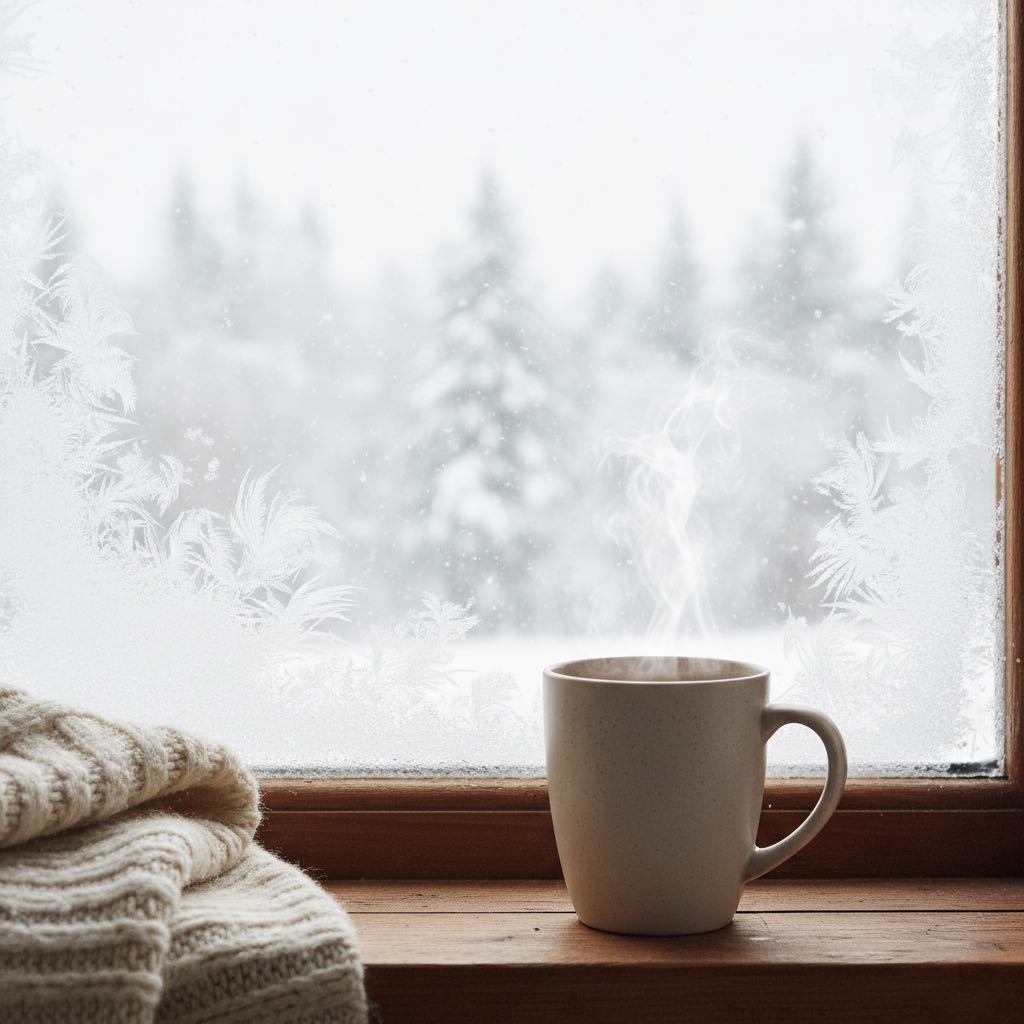 Tasse de thé chaud devant une fenêtre givrée en hiver, moment cocooning